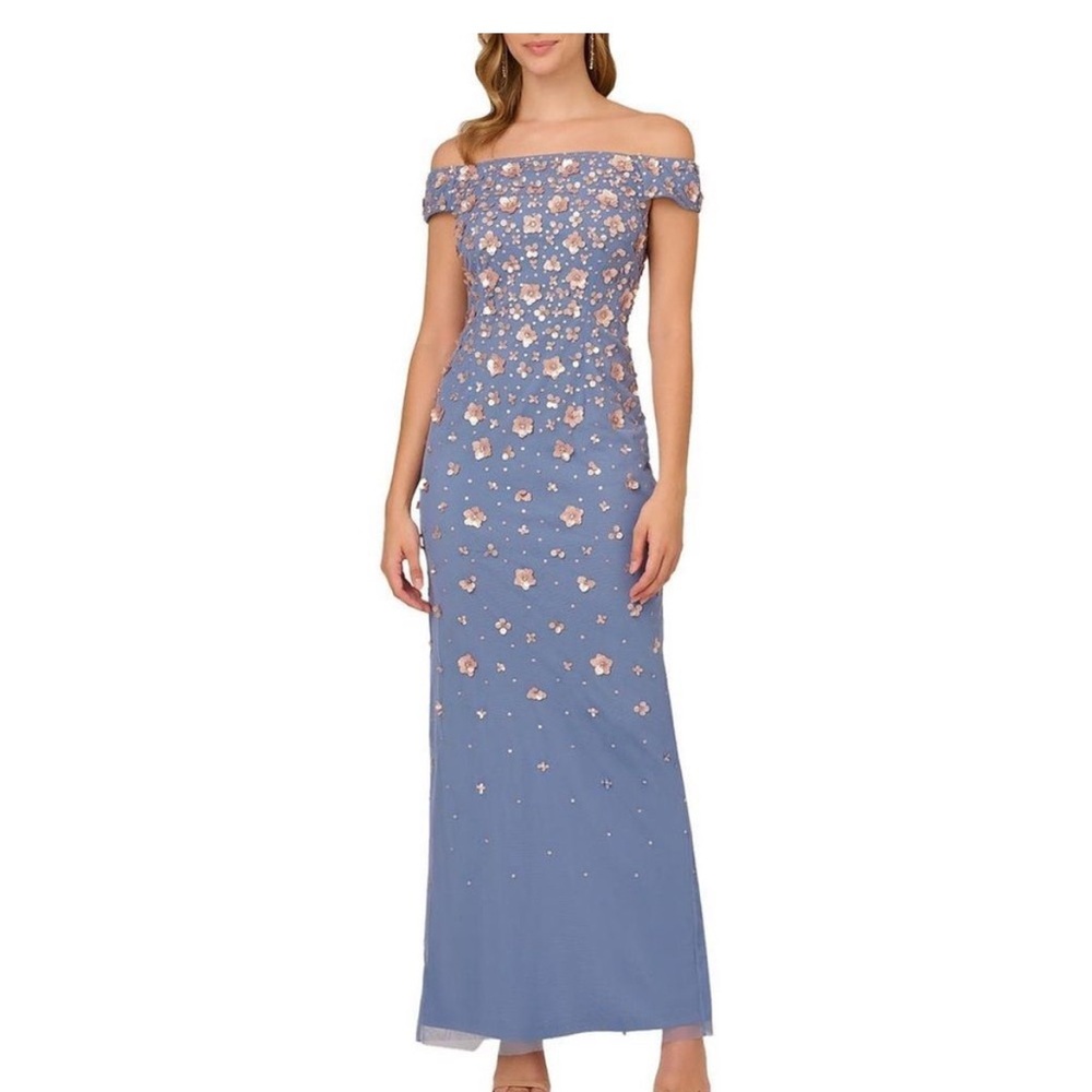Adrianna Papell Blue Off Shoulder Floral Beaded Mesh Gown Evening Dress SZ 2 tag